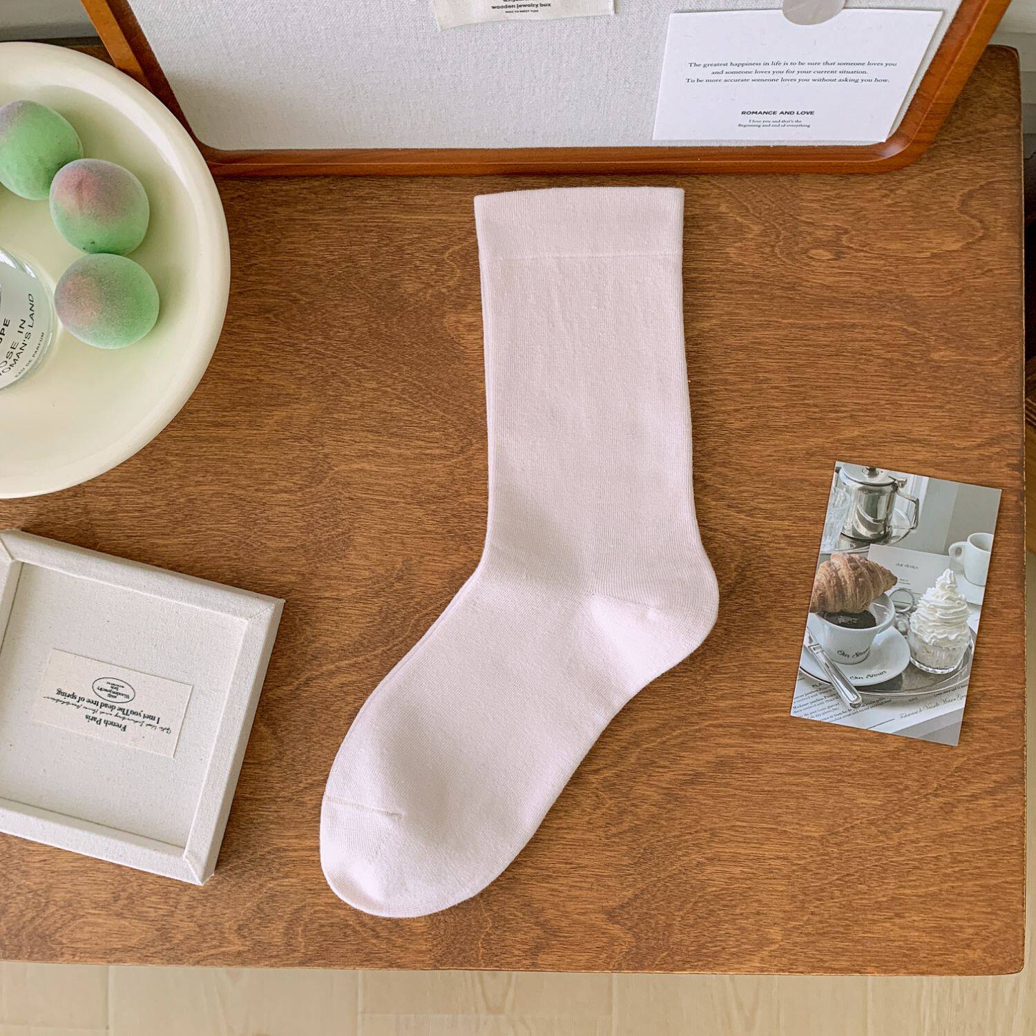 白色堆堆袜子女中筒袜纯棉ins潮月子袜全棉松口袜日系无骨长筒袜