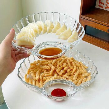 Shell-Shaped Dumpling Plate with Vinegar Dish, Plastic Pp High-Transparency Plate, Fan-Shaped Snack Plate, Portion Plate, Dinner Plate, Tableware