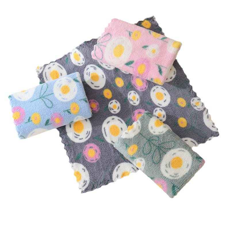 New Coral Fleece Printed Kitchen Cloth Wipe Hand Towel Thickened Absorbent Dishwashing Cloth Cute Household Small Towel for Hair