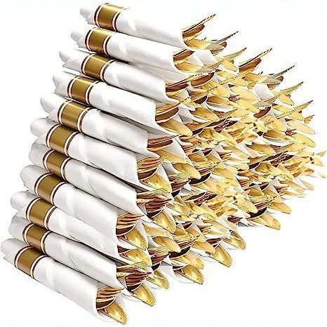 Cross-border Disposable Four-piece Plastic Golden Knife and Fork Spoon Napkin suit Wedding Party Catering Decorative Tableware
