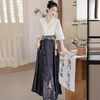 Horse Face Skirt plus size chubby girl New Chinese Style National Style Simple Embroidered Top High Waist Modified Loop Half Skirt