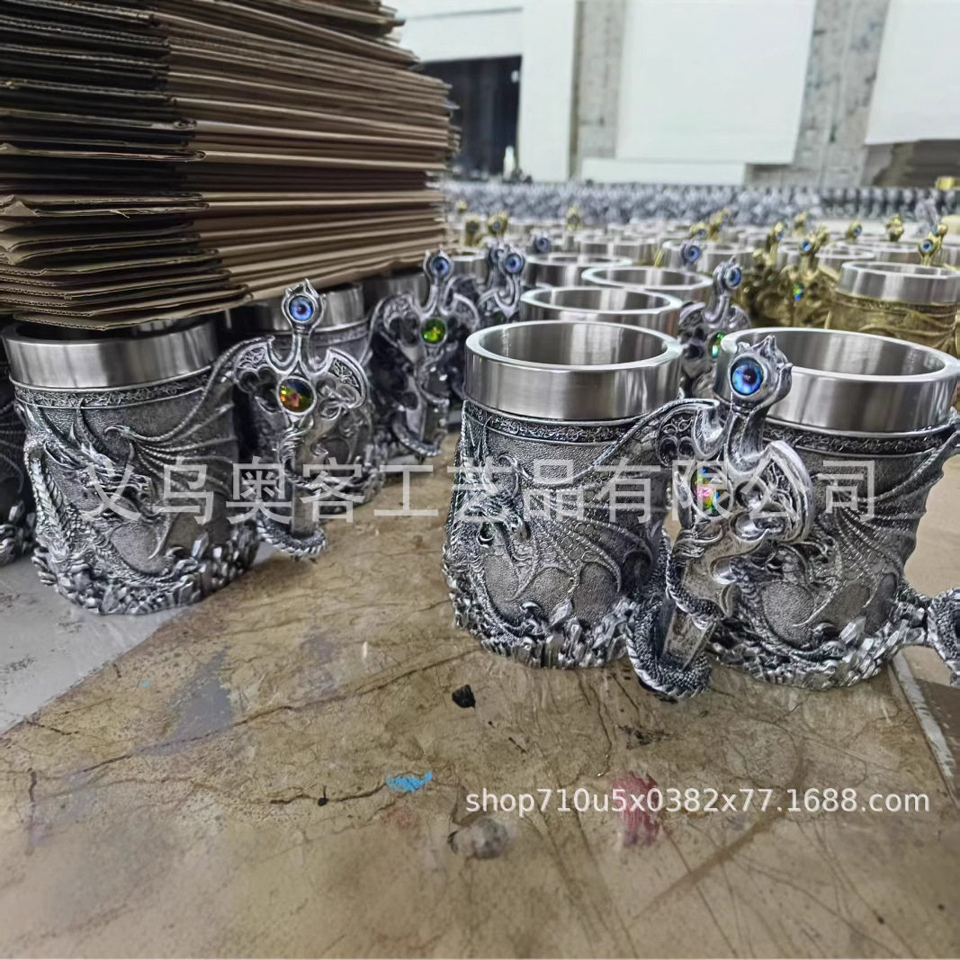 Retro Cross Flying Dragon Goblet Resin Stainless Steel Wine Glass Halloween Ornament Cup Cocktail Specialty Wine Glass