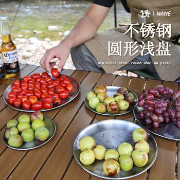 Outdoor Picnic Stainless Steel Dinner Plate Camping Tableware BBQ Heat Resistant Disc Five-Piece Set Round Shallow Plate Portable Cookware