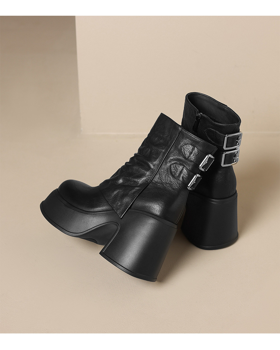 Boot nữ cổ ngắn da bò thật đế dày khóa thắt lưng tăng chiều cao — Lớp lót đơn màu đen, Lớp lót đơn màu nâu, Lót nhung đen, Lót nhung màu nâu