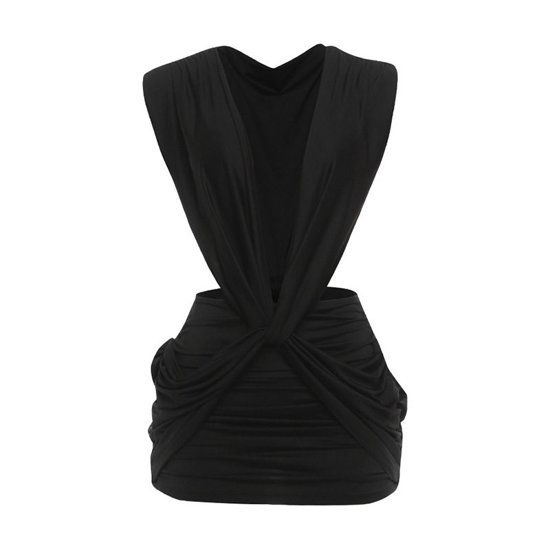 欧美风2026春季新款女装纯色深V领性感修身包臀褶皱无袖连衣裙女