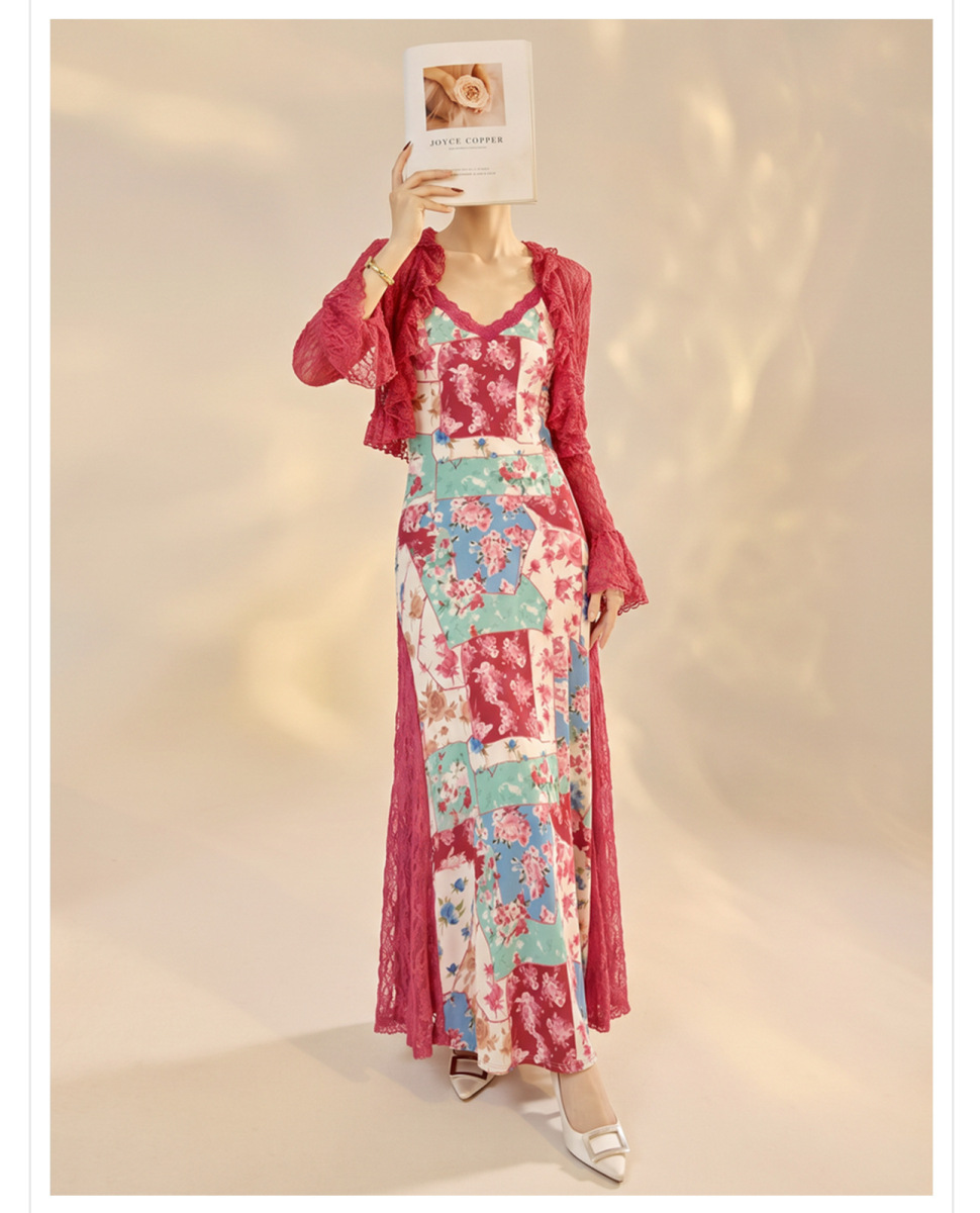 Set áo cardigan ren phối váy hai dây đuôi cá họa tiết hoa — Áo, Váy hai dây, Bộ