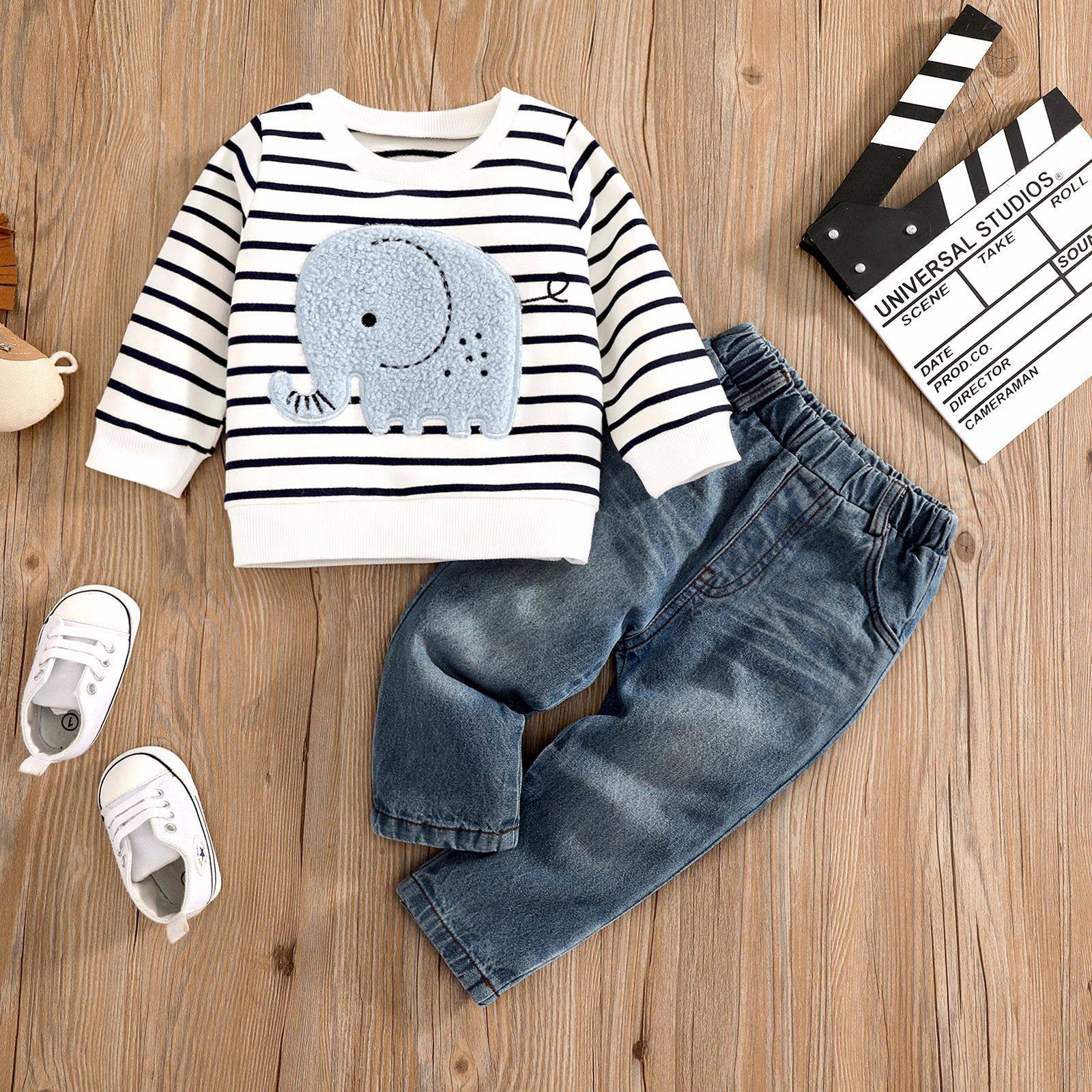 baby boy spring and autumn style elephant striped long-sleeved top denim trousers fashionable suit