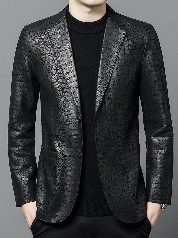 &Aacute;o Kho&aacute;c Blazer Nam Da Cừu Thật V&acirc;n C&aacute; Sấu Lịch L&atilde;m M&agrave;u Đen