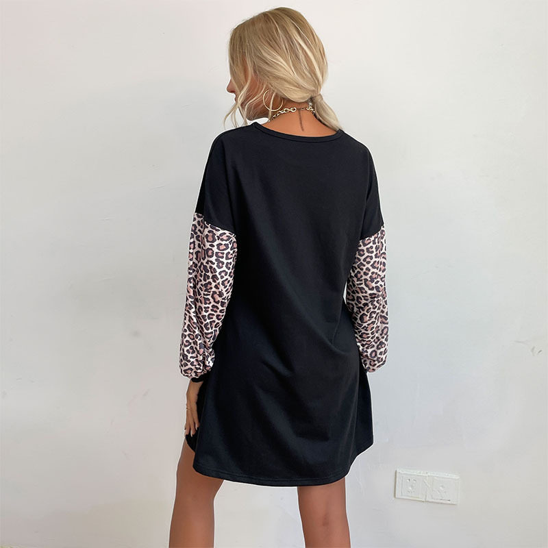 Color Block Leopard Print Hoodie Dress Flared Silhouette Long Sleeve Comfortable Fabric Casual Autumn Wear