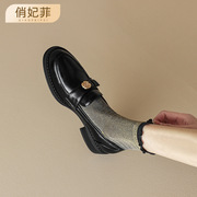 Qiao Feifei丨Slip-On Small Leather Shoes 2025 Spring & Fall New Style Medium Heel Flats British Style Thick Heel Loafers Women's 