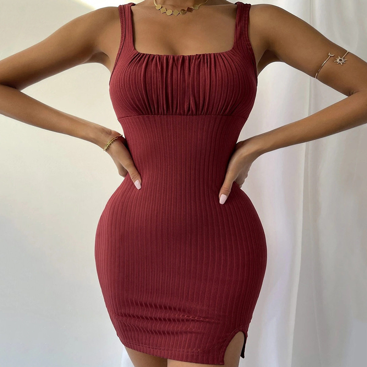 Womens Knitted Bodycon Dress Sexy Split Design Slim Fit Spaghetti Straps Spring Summer Fashion Wholesale Available