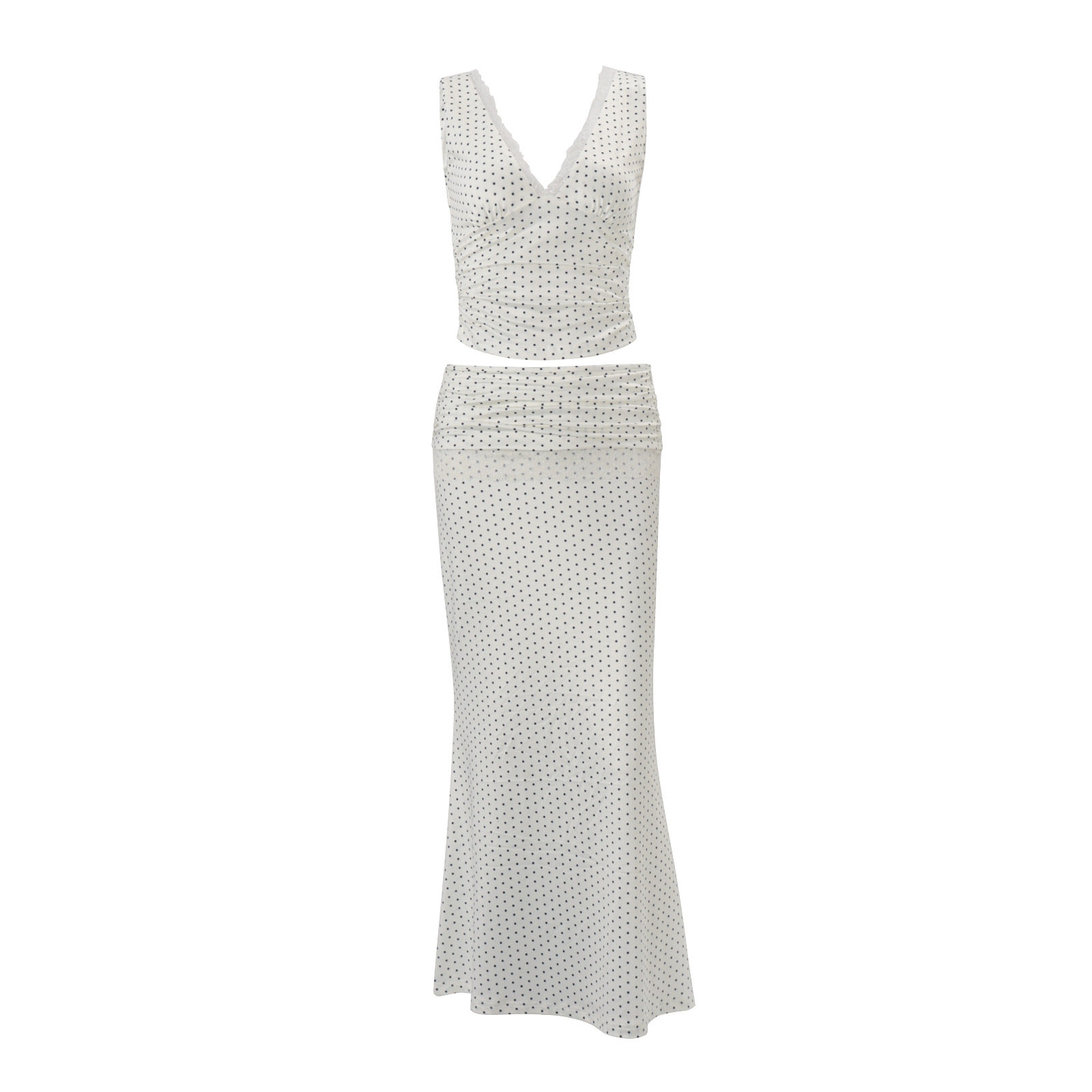 V Neck Sleeveless Polka Dot Top and Long Skirt Set Slim Fit Vacation Style Summer Wholesale Available