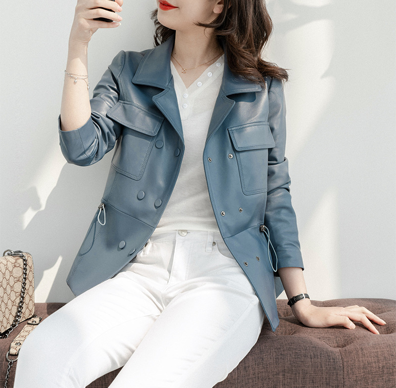 Áo khoác da nữ ngắn dáng bó eo cổ vest — Màu đen, Màu Kaki, Màu xanh lam sương mù