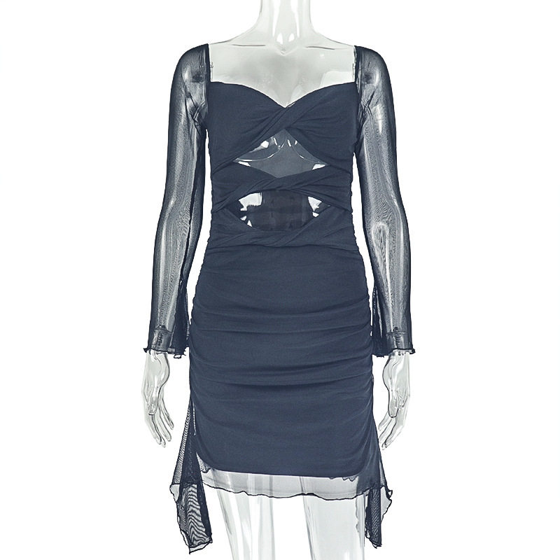 Sexy Hollow Out Bodycon Dress Long Sleeve U Neck Solid Color Fashionable for Parties and Events Wholesale Available