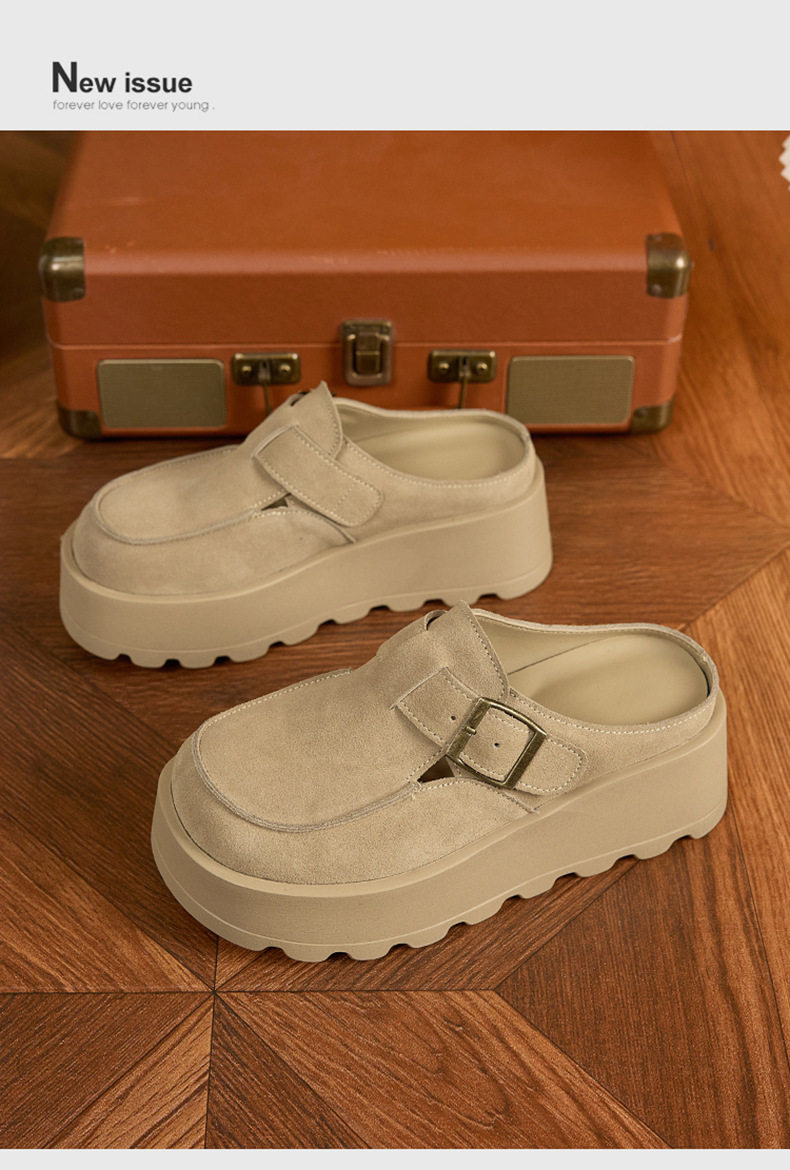 Dép sandal nữ đế platform da bò thật phong cách Birkenstock — Lạc đà, Mơ chi tiết 12