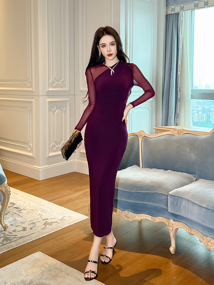 Đầm body nữ dài tay phối lưới gợi cảm dáng ôm tôn eo — Màu đen, Màu tím mâm xôi
