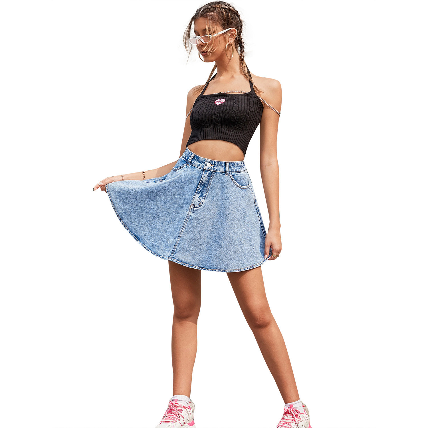 High Waisted Loose Fit Denim Skirt Casual Style Trendy Design Flattering Fit Perfect for Everyday Wear Wholesale