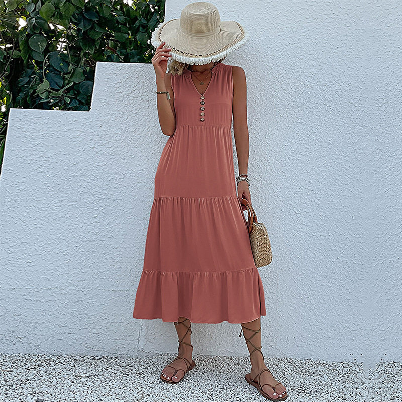 Summer Casual Sleeveless Dress Loose Fit Solid Color Comfortable Fabric Perfect for Everyday Wear Wholesale