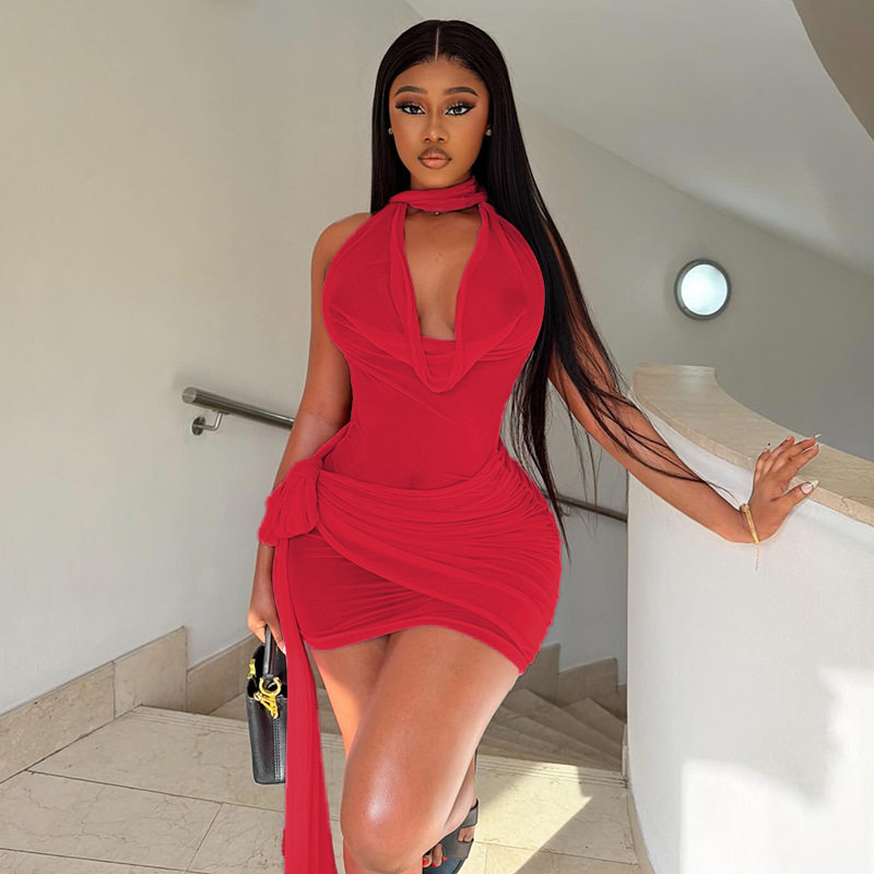 Fashionable Bodycon Mini Dress Sexy Tie Back Ruffled Neckline Slim Fit Perfect for Parties and Night Out Wholesale