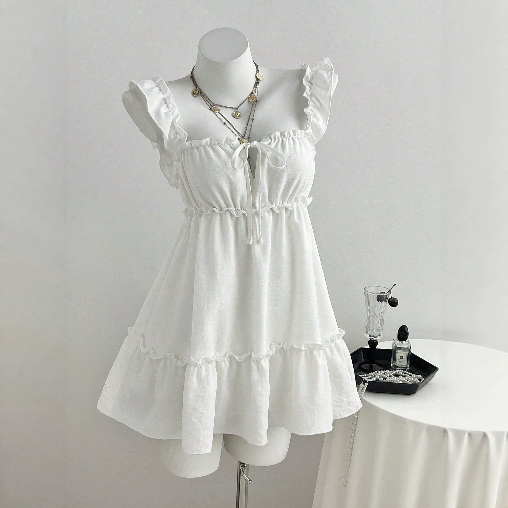 Summer Womens A Line Sleeveless Dress Ruffle Hem Lightweight Fabric Elegant Style Ready to Ship Low MOQ