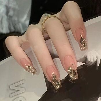 Explosive Diamond-Encrusted Gold Powder Wearable Nails, Accessible Luxury Long Style, Gentle Whitening Nail Patches, Finished Removable Nail Art Patches