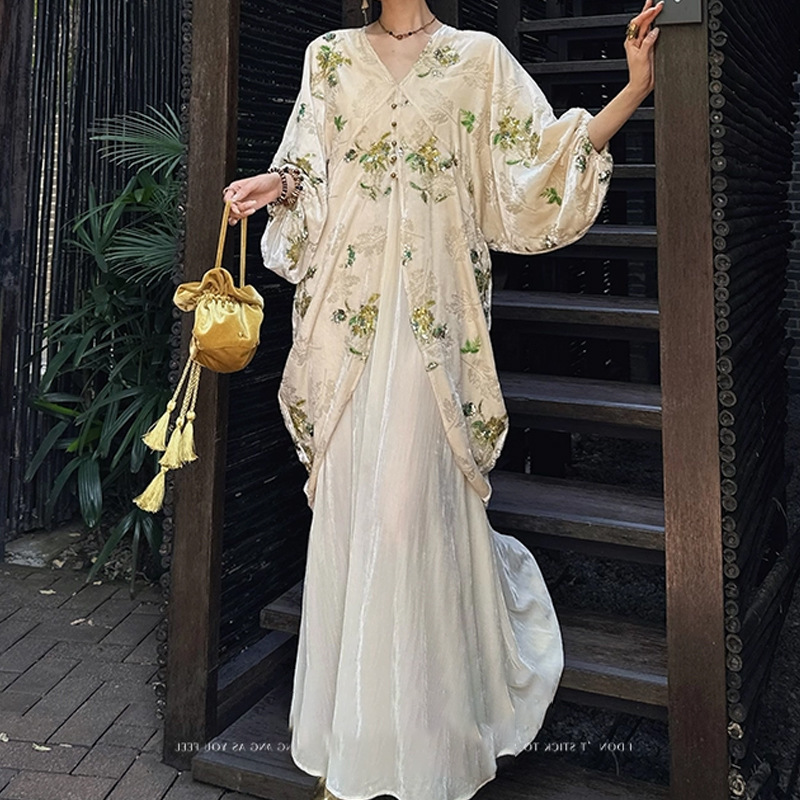Đầm maxi nữ cổ chữ V thêu đính cườm chất liệu nhung — hồ bơi xanh, Sữa trắng, Tỏa sáng màu đen