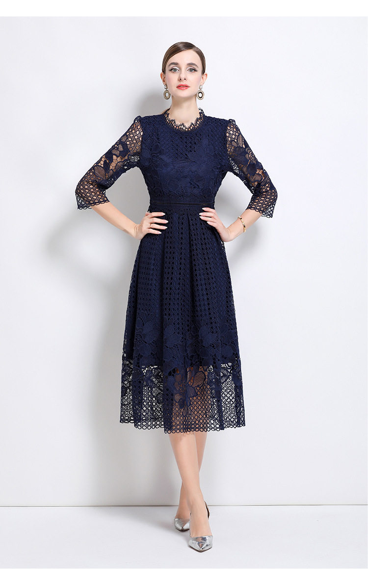 Elegant Mid Length Dress Slimming Hollow Water Soluble Lace Perfect for Formal Events Ready to Ship