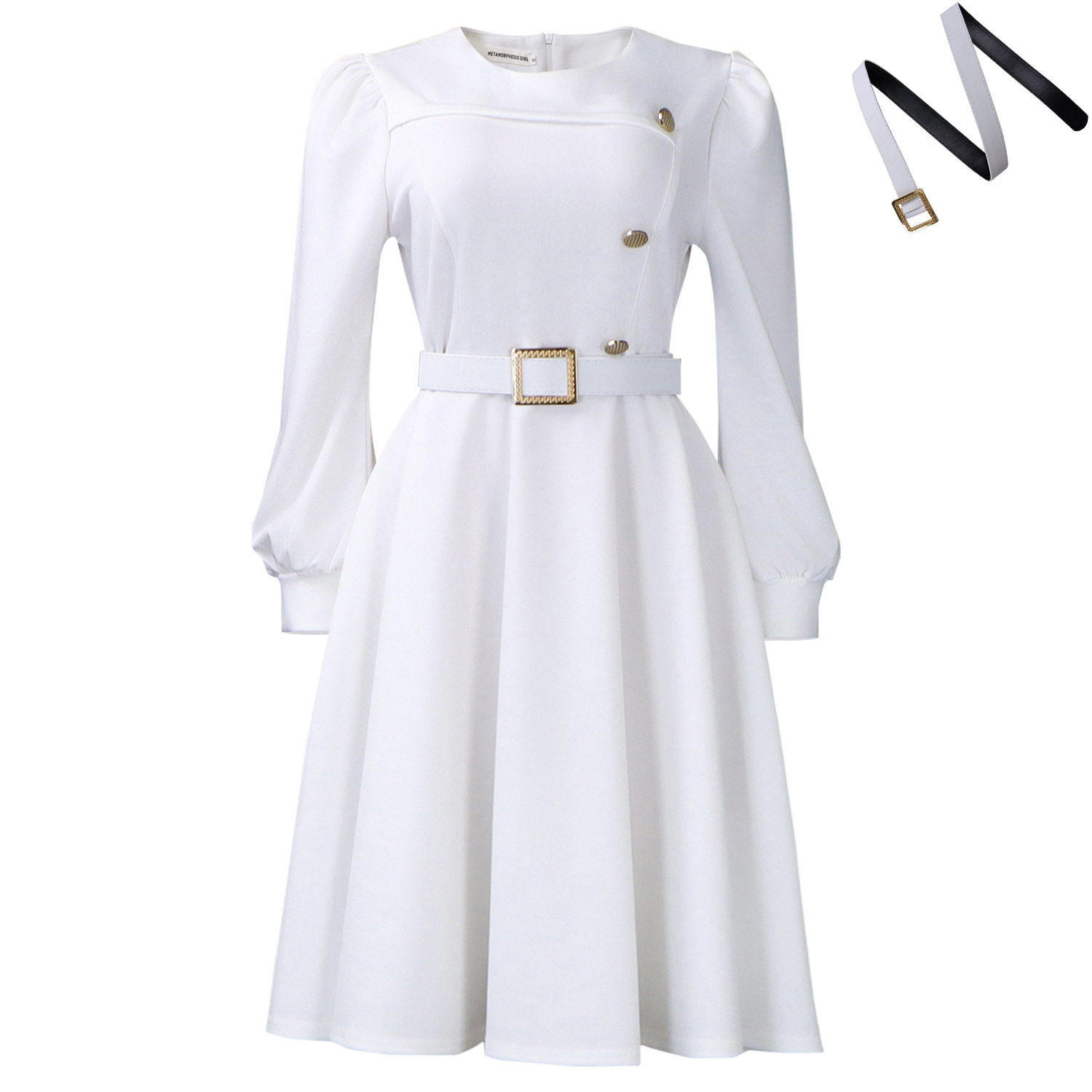 A Line Dress Long Sleeve High Waist Round Neck Solid Color Elegant Party Wear Wholesale Available