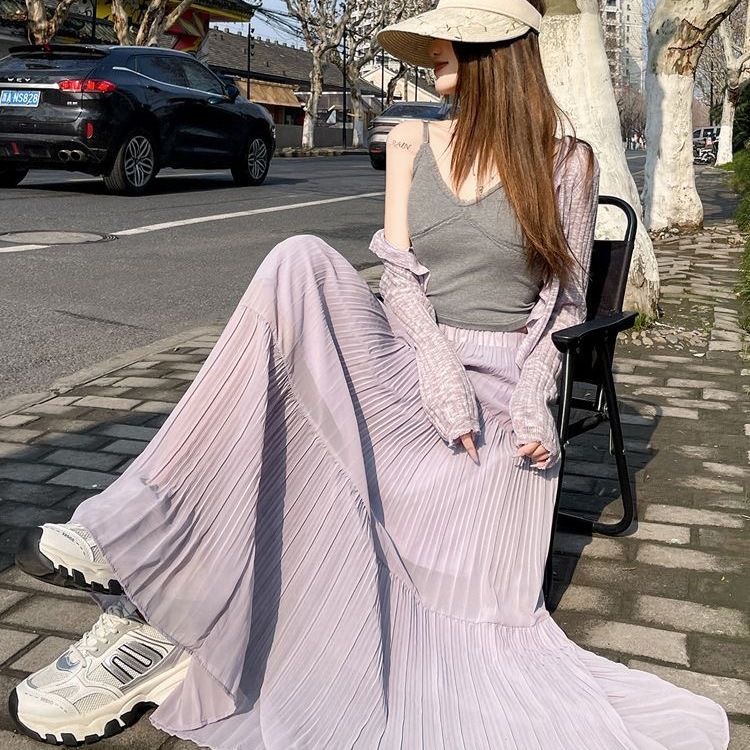 Purple Pleated Midi Skirt High Waist Flattering A Line Flowy Design Spring Summer Fashion Wholesale Available