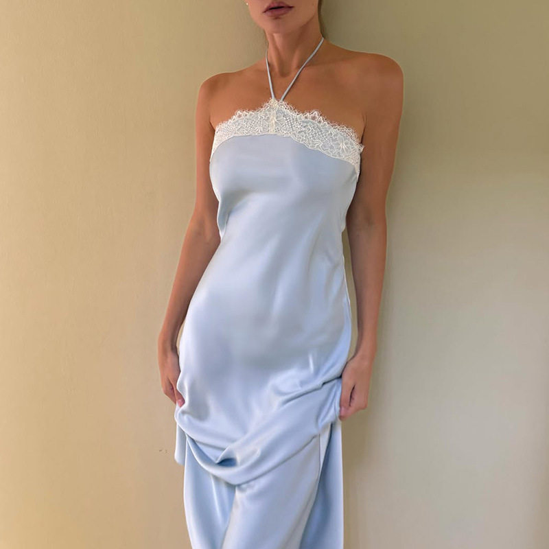 Sleeveless Lace Trim Satin Maxi Dress Skin Friendly Slim Fit Halter Neck Elegant Evening Wear Wholesale Available