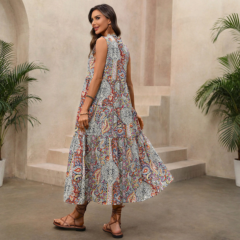 Vintage Bohemian Print Sleeveless Dress Stand Collar Drawstring Waist Relaxed Fit Perfect for Summer Vacations
