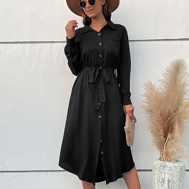 Elegant Black Long Dress Shirt Collar Autumn Winter European and American Style Perfect for Office Wear Wholesale