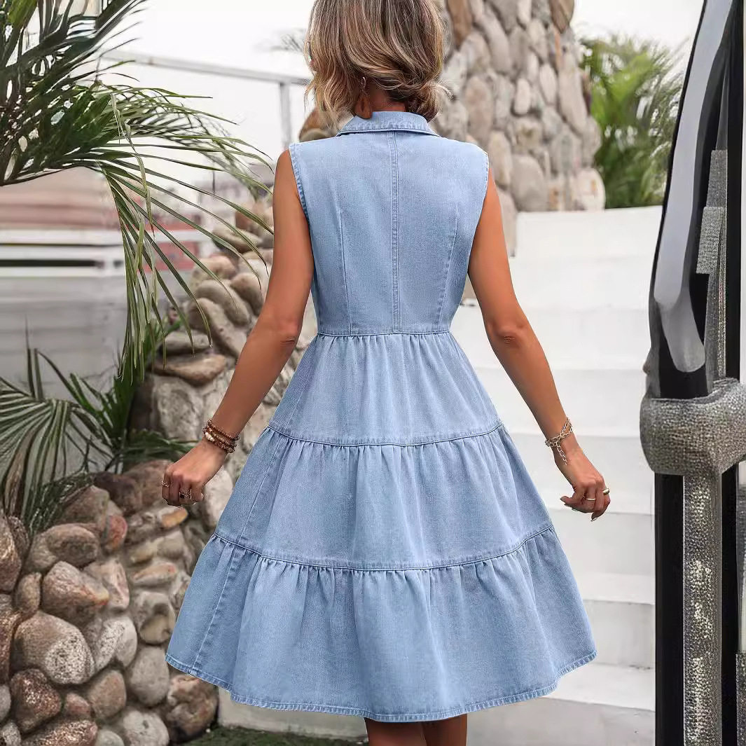 Vintage Slim Fit Denim Dress Waist Defining Elegant Design Short Sleeve Perfect for Casual Outings Wholesale