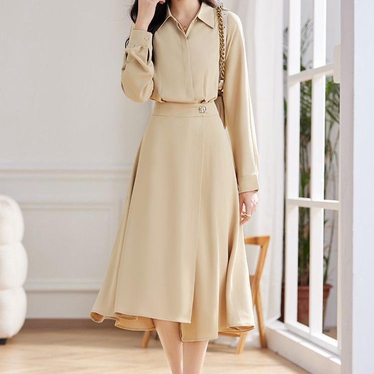 Solid Color Fashion Dress Simple Design Waist Cinching Slim Fit French Style Office and Commuting Wear OEM