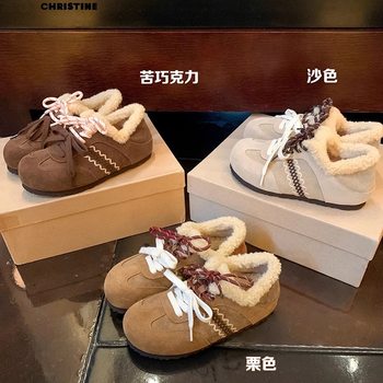 [Ruojii]Chestnut Bread~Warm Mandarin Duck Shoelaces with Internal Height Increase Furry Training Shoes for Women Birkenstock Single Shoes