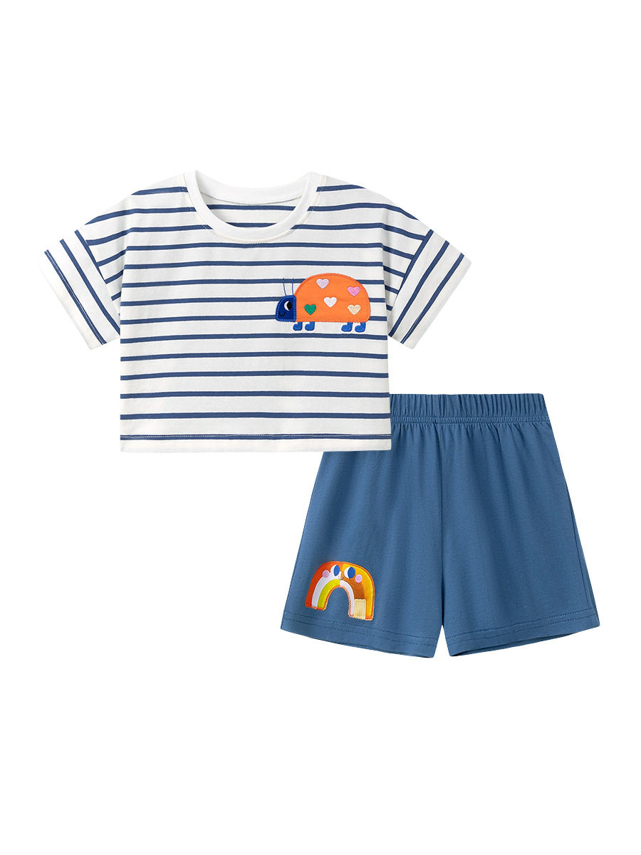 Girls' Summer Striped Short-Sleeve Cartoon Set, Kids' Outfit