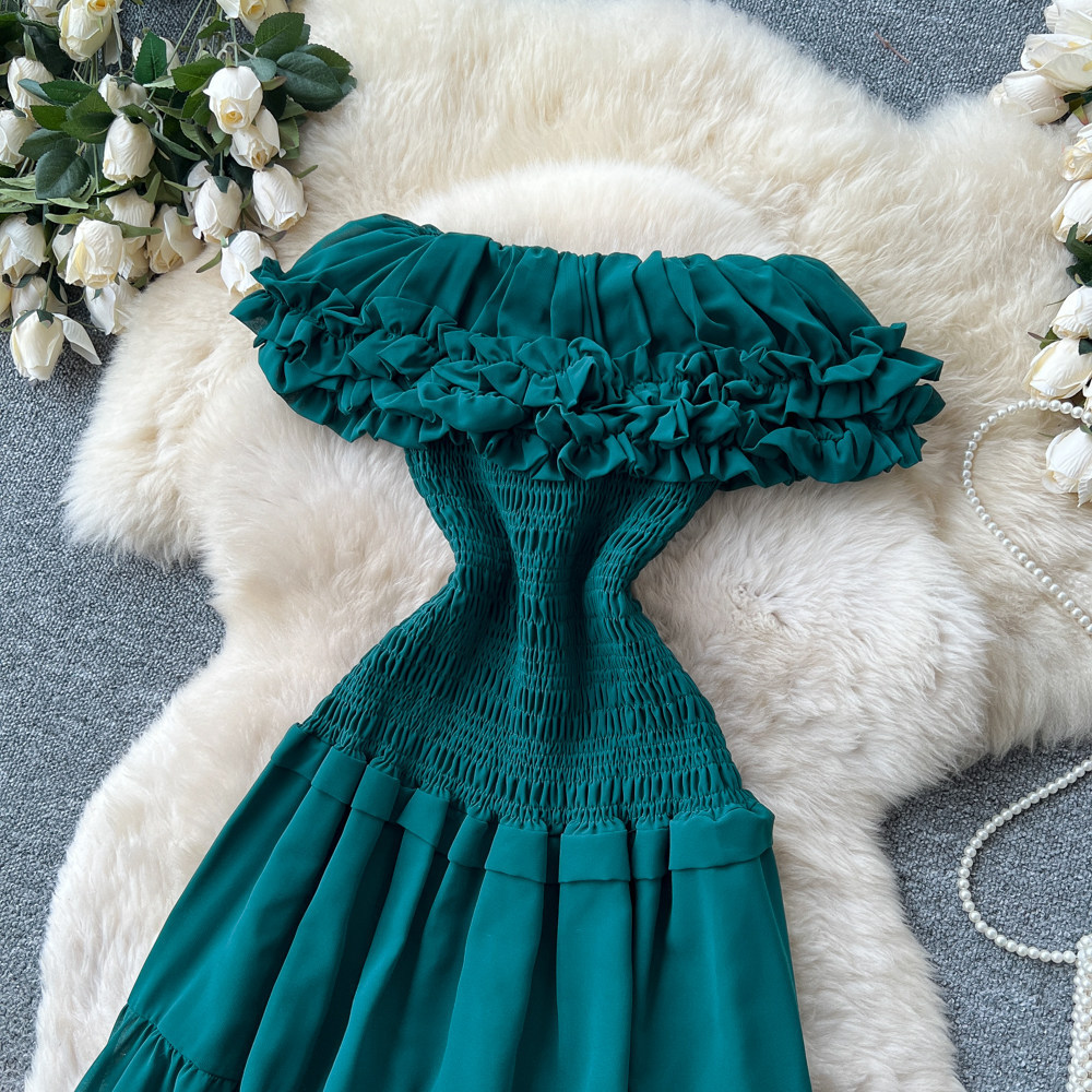 French Vacation Style Strapless Dress High Waist Flattering Fit Ruffle Hem Summer Occasion Wholesale Available