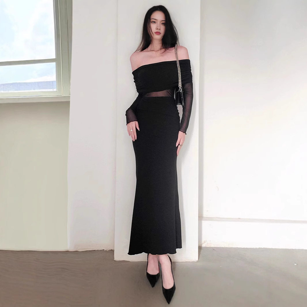 Off Shoulder Ruched Long Sleeve Dress Elegant French Style Autumn Fashion Sexy Silhouette Wholesale Available