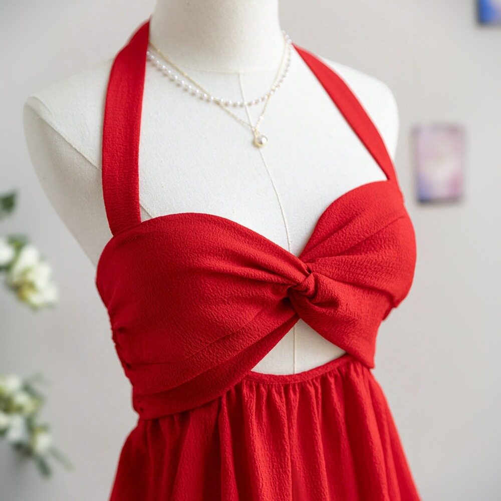 Red Backless Mini Dress Sexy Halter Neck Summer Fashion Lightweight Fabric Perfect for Parties and Night Out