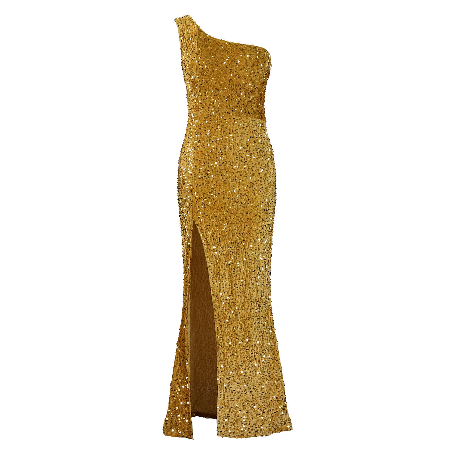Elegant Sequin Maxi Dress Asymmetrical Shoulder Sexy Slit Fashionable Design Evening Wear Party Dress Wholesale
