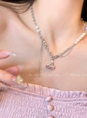 樱桃少女~珍珠金属拼接项链夏甜酷风ins辣妹风耳环轻奢小众锁骨链