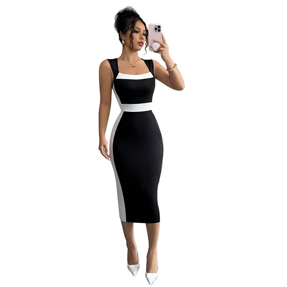 Summer Womens Long Color Block Dress Square Neck Sleeveless Elegant Style Perfect for Casual Outings Wholesale