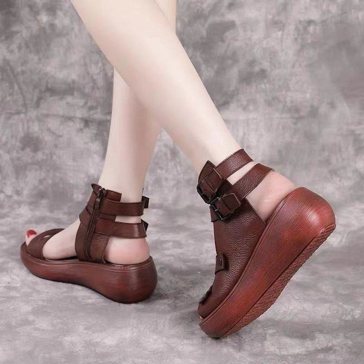 High Heel Fashion Women's Shoes 2025 Summer New Style Roman Shoes Women's High-top Soft Leather Wedge Sandals Women's Thick Sole Sandals