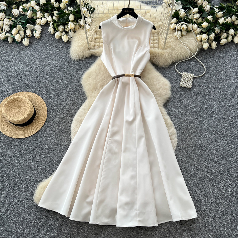 Sleeveless A Line Dress High Waist Elegant Korean Style White Summer Fashion for Women Wholesale Available