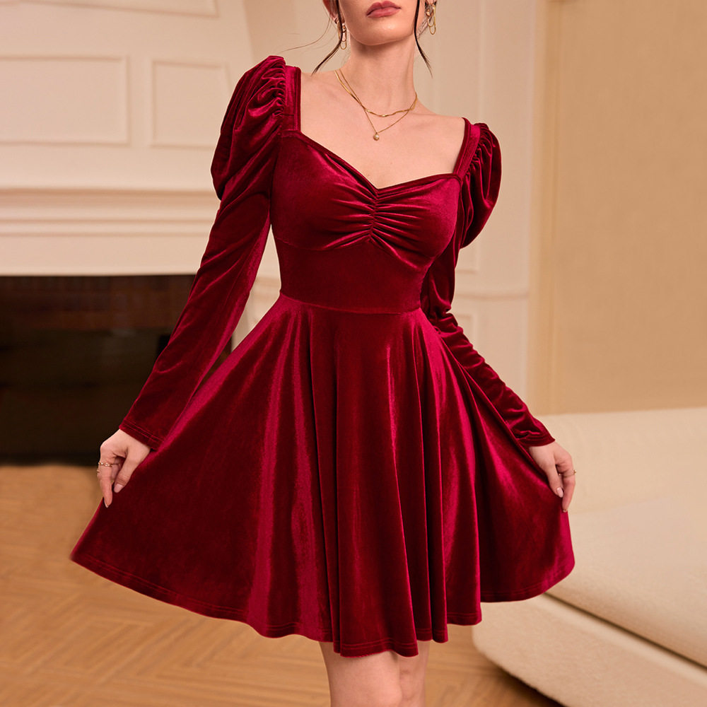 French Style Midi Dress Burgundy Color High Waist Korean Velvet Fabric Spring Summer Fashion Wholesale Available