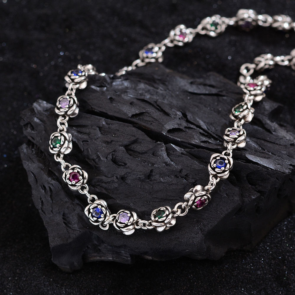 Light Luxury Rainbow Zircon Rose Necklace Women's Fashion Distinctive Niche High-end Sense Fashion Cold Style Clavicle Chain