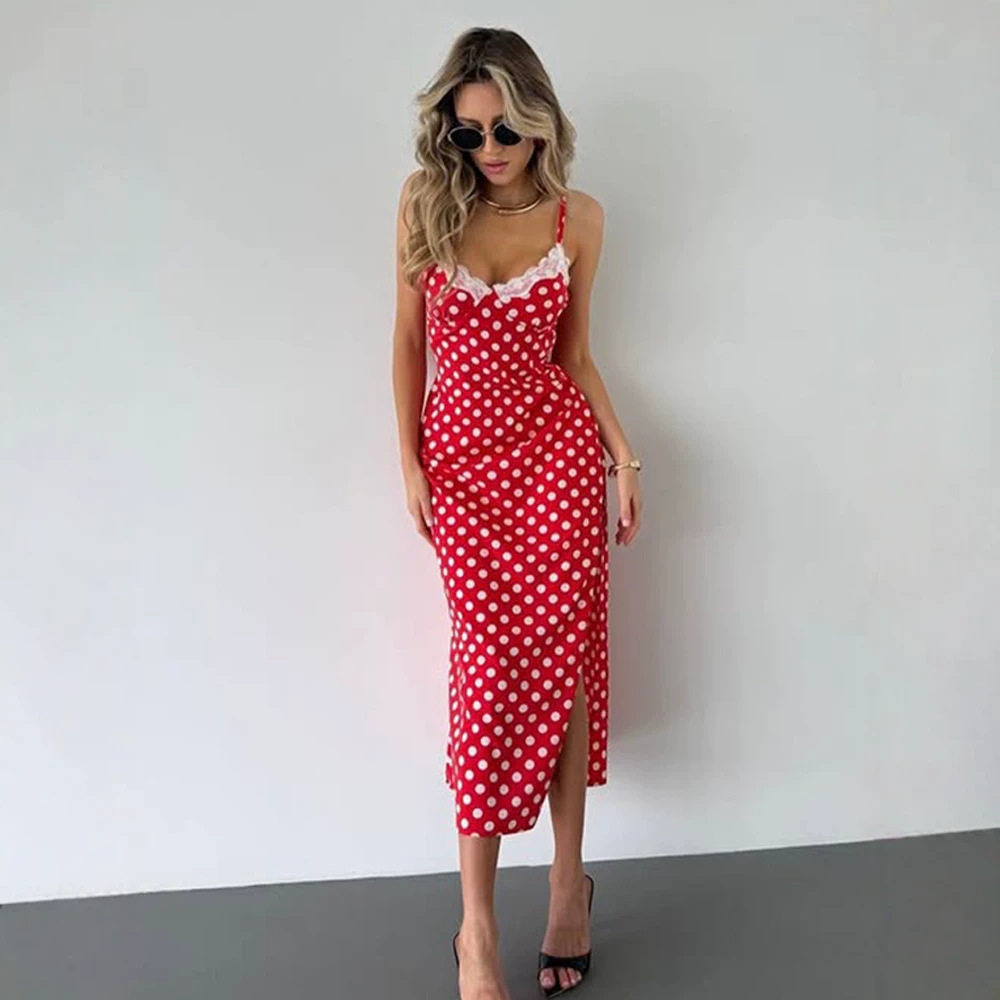 Summer Sleeveless Dress Elegant Polka Dot Print Lace Panel V Neck Slim Fit Side Slit Perfect for Parties or