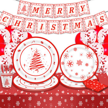 Red Snowflake Christmas Tree Christmas New Year Party Tableware suit Disposable Paper Cup Paper Plate Snowflake Tablecloth