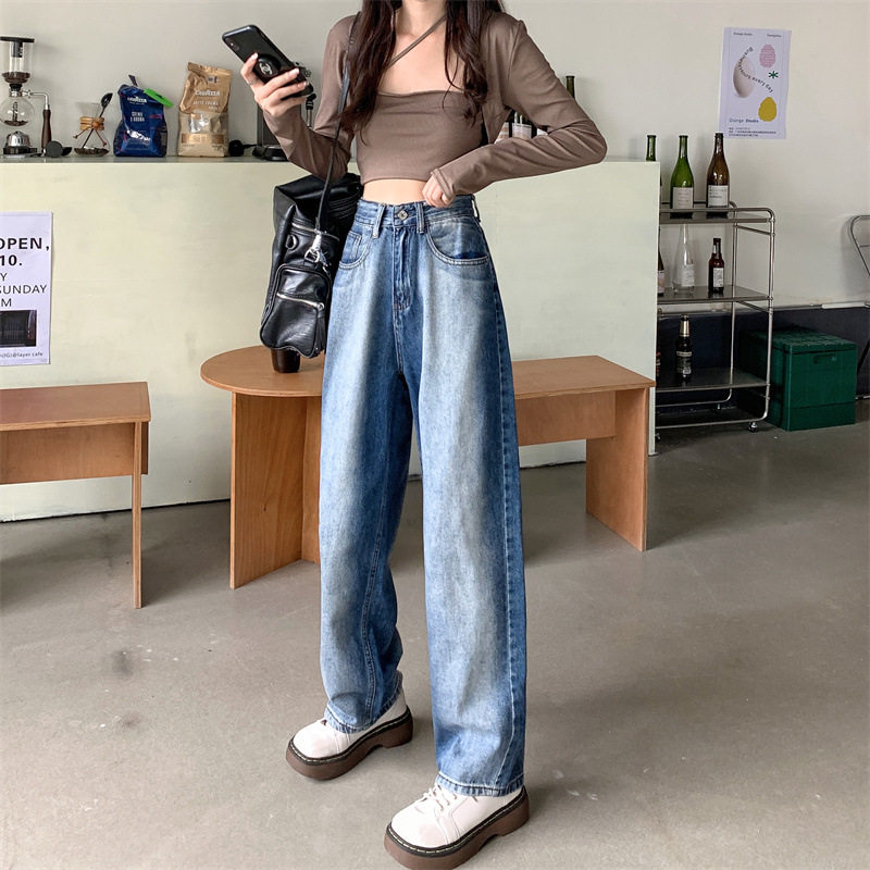 High Waisted Wide Leg Jeans for Women Gradient Color Loose Fit Floor Length Stylish Design Spring and Autumn