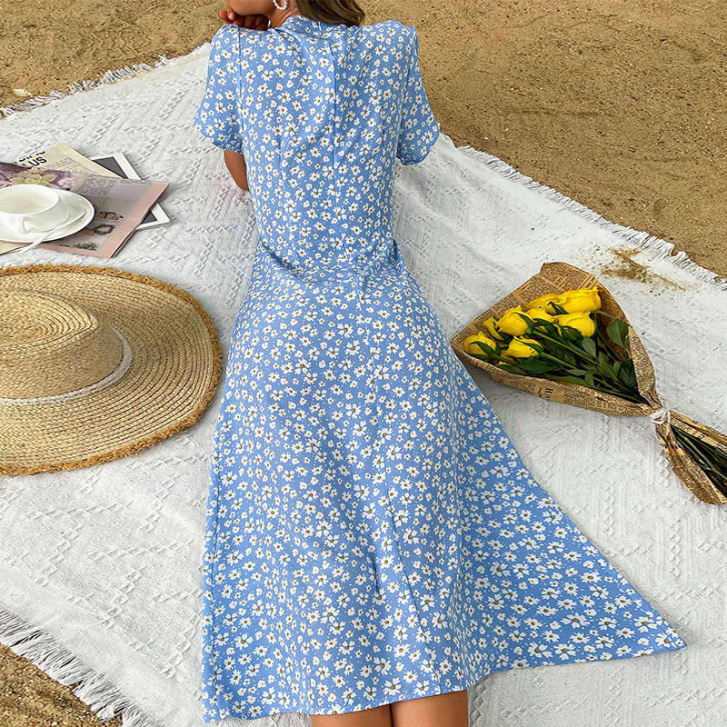 Blue Floral Print Summer Dress for Women Slim Fit Fresh Country Style Perfect for Casual Outings Wholesale Available
